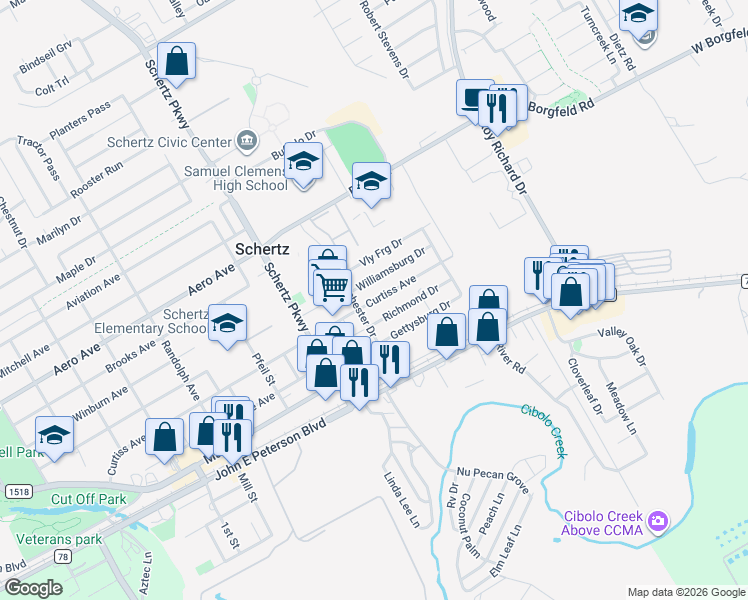 map of restaurants, bars, coffee shops, grocery stores, and more near 1020 Curtiss Avenue in Schertz