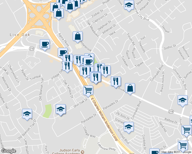 map of restaurants, bars, coffee shops, grocery stores, and more near 2921 Pat Booker Road in Universal City
