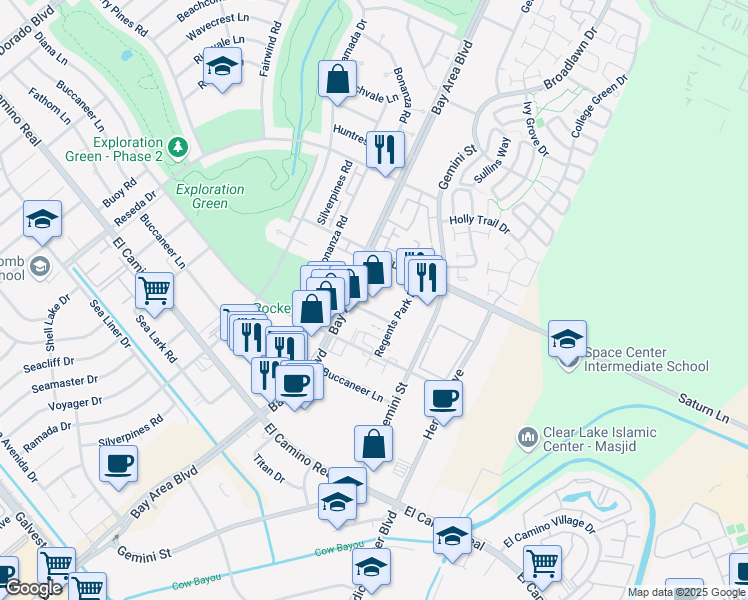 map of restaurants, bars, coffee shops, grocery stores, and more near 16815 Royal Crest Drive in Houston
