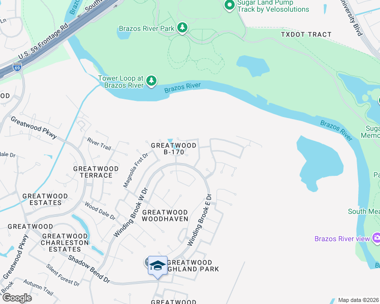 map of restaurants, bars, coffee shops, grocery stores, and more near 1806 Rippling Water Court in Sugar Land