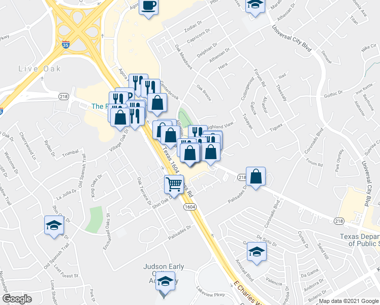 map of restaurants, bars, coffee shops, grocery stores, and more near 2921-2935 Pat Booker Road in Universal City