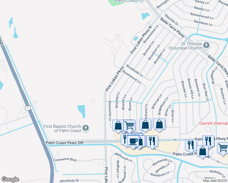 map of restaurants, bars, coffee shops, grocery stores, and more near 114 Brunswick Lane in Palm Coast