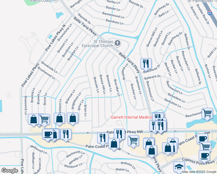 map of restaurants, bars, coffee shops, grocery stores, and more near 51 Brewster Lane in Palm Coast