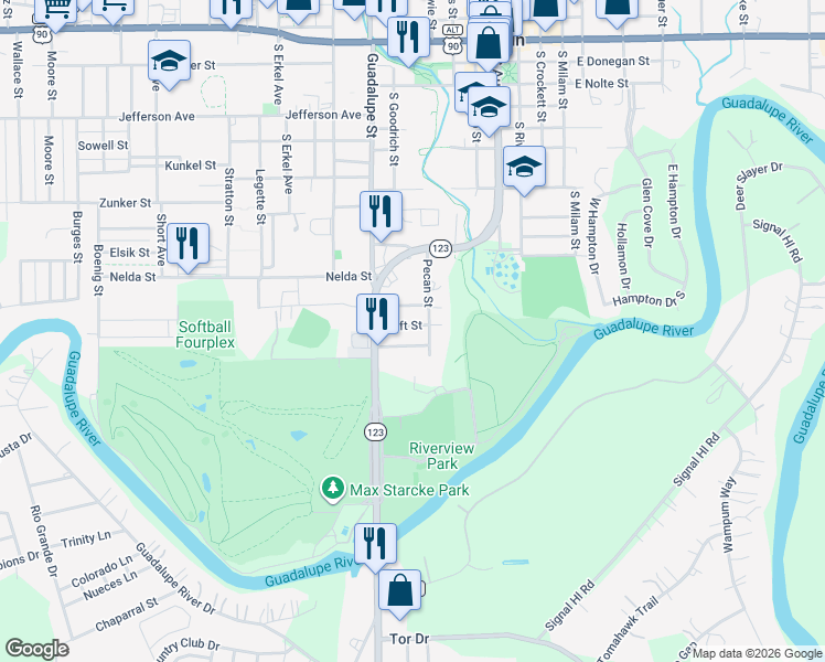 map of restaurants, bars, coffee shops, grocery stores, and more near 341 Taft Street in Seguin