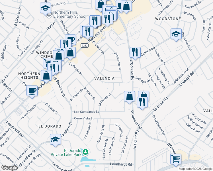 map of restaurants, bars, coffee shops, grocery stores, and more near 13215 Montecito Street in San Antonio