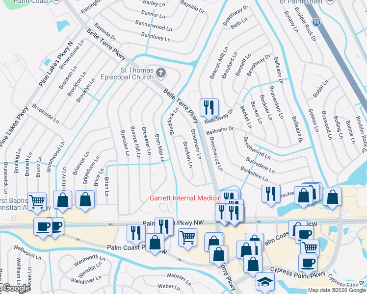 map of restaurants, bars, coffee shops, grocery stores, and more near 41 Bracken Ln in Palm Coast