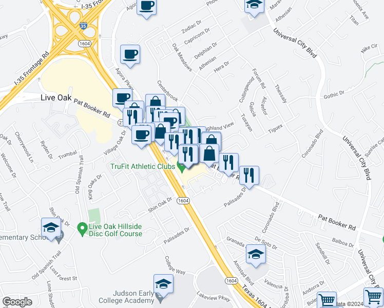map of restaurants, bars, coffee shops, grocery stores, and more near 2921-2935 Pat Booker Road in Universal City