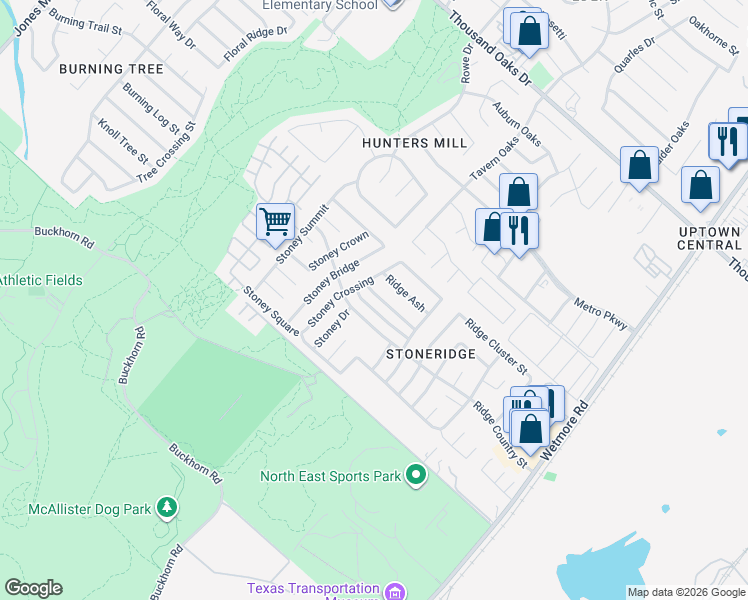 map of restaurants, bars, coffee shops, grocery stores, and more near 3412 Ridge Smoke in San Antonio