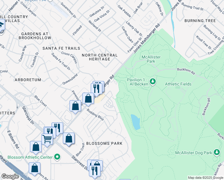 map of restaurants, bars, coffee shops, grocery stores, and more near 12430 Canyon Court Drive in San Antonio