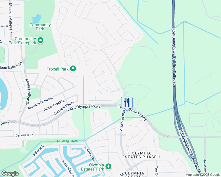 map of restaurants, bars, coffee shops, grocery stores, and more near 4235 Blossom Bend Lane in Missouri City