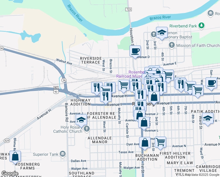 map of restaurants, bars, coffee shops, grocery stores, and more near 1302 Avenue G in Rosenberg