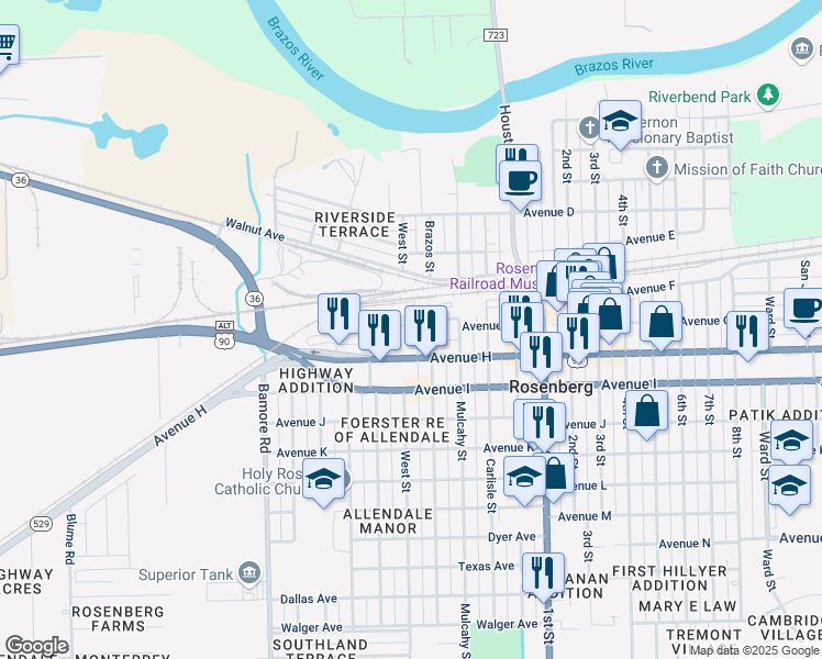 map of restaurants, bars, coffee shops, grocery stores, and more near 1302 Avenue G in Rosenberg