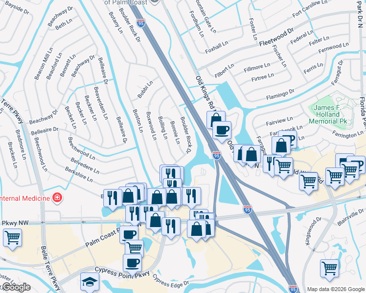 map of restaurants, bars, coffee shops, grocery stores, and more near 4 Bonnie Lane in Palm Coast