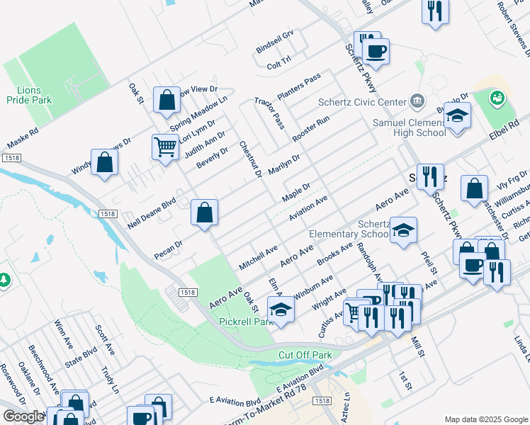 map of restaurants, bars, coffee shops, grocery stores, and more near 744 Beacon in Schertz