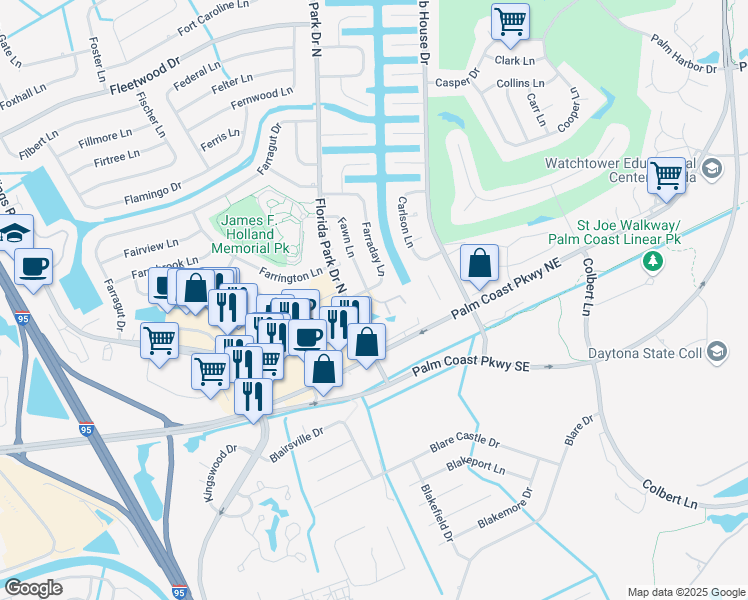 map of restaurants, bars, coffee shops, grocery stores, and more near 20 Sunrise Villas Lane in Palm Coast
