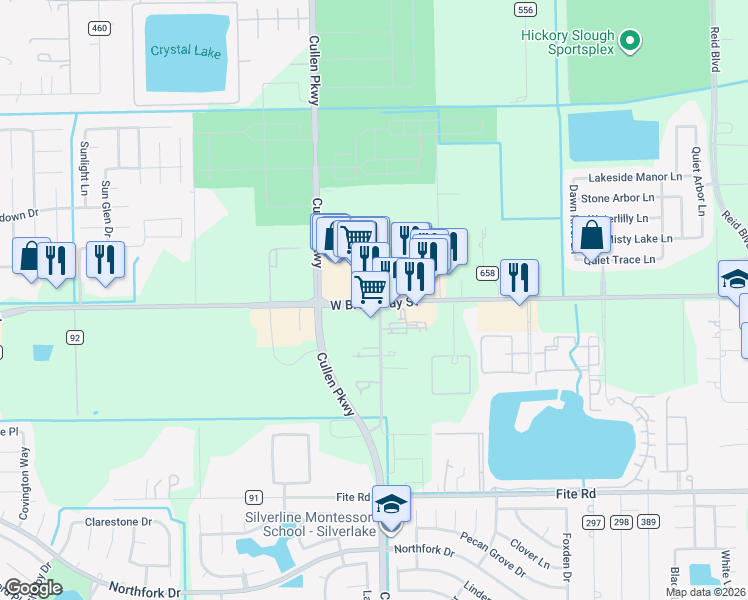 map of restaurants, bars, coffee shops, grocery stores, and more near 8323 West Broadway Street in Pearland