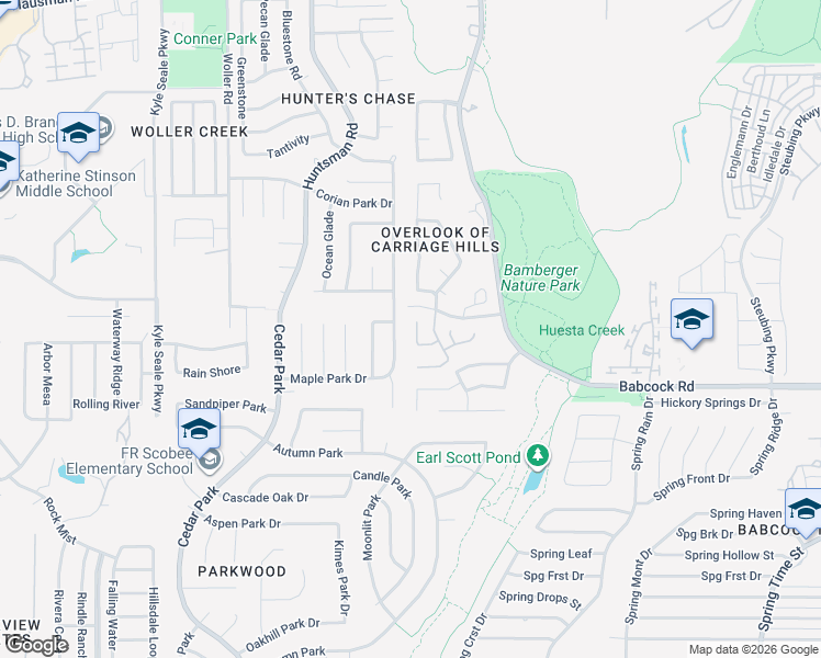 map of restaurants, bars, coffee shops, grocery stores, and more near 7410 Carriage Bay in San Antonio