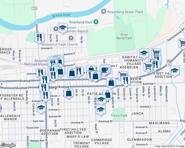 map of restaurants, bars, coffee shops, grocery stores, and more near 2516 Avenue G in Rosenberg