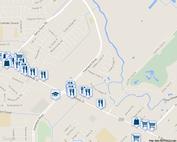 map of restaurants, bars, coffee shops, grocery stores, and more near 2802 Pebble Creek Dr in Pearland