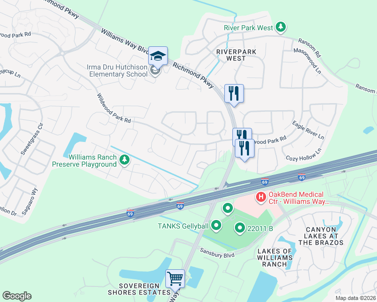 map of restaurants, bars, coffee shops, grocery stores, and more near 1834 Majestic Falls Lane in Richmond