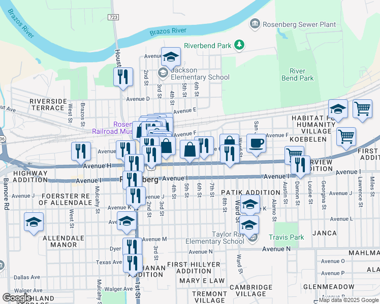 map of restaurants, bars, coffee shops, grocery stores, and more near 2111 Avenue G in Rosenberg