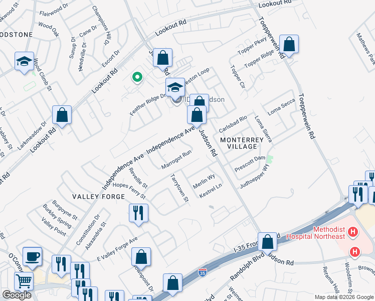 map of restaurants, bars, coffee shops, grocery stores, and more near 6335 Marrogot Run Street in San Antonio