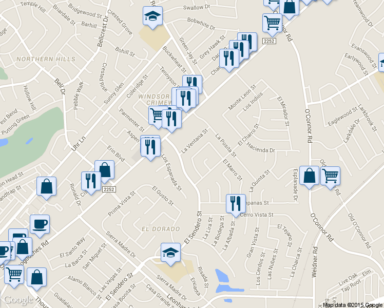 map of restaurants, bars, coffee shops, grocery stores, and more near 13007 De Luna Street in San Antonio