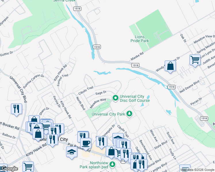 map of restaurants, bars, coffee shops, grocery stores, and more near 1259 Cibolo Trail in Universal City