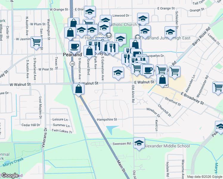 map of restaurants, bars, coffee shops, grocery stores, and more near 2406 Douglas Street in Pearland