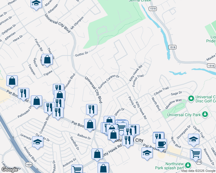 map of restaurants, bars, coffee shops, grocery stores, and more near 105 Willow Wisp Road in Universal City