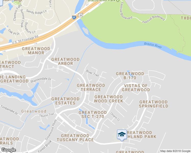 map of restaurants, bars, coffee shops, grocery stores, and more near 1811 River Trail in Sugar Land