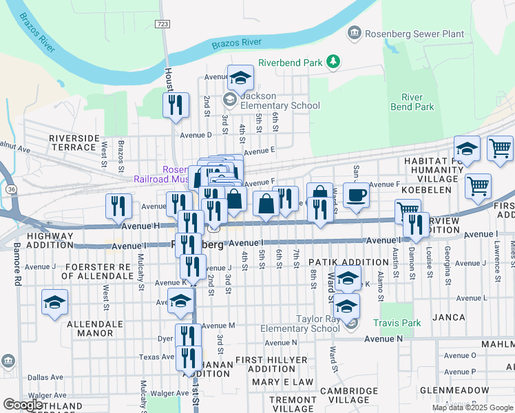 map of restaurants, bars, coffee shops, grocery stores, and more near 2111 Avenue G in Rosenberg