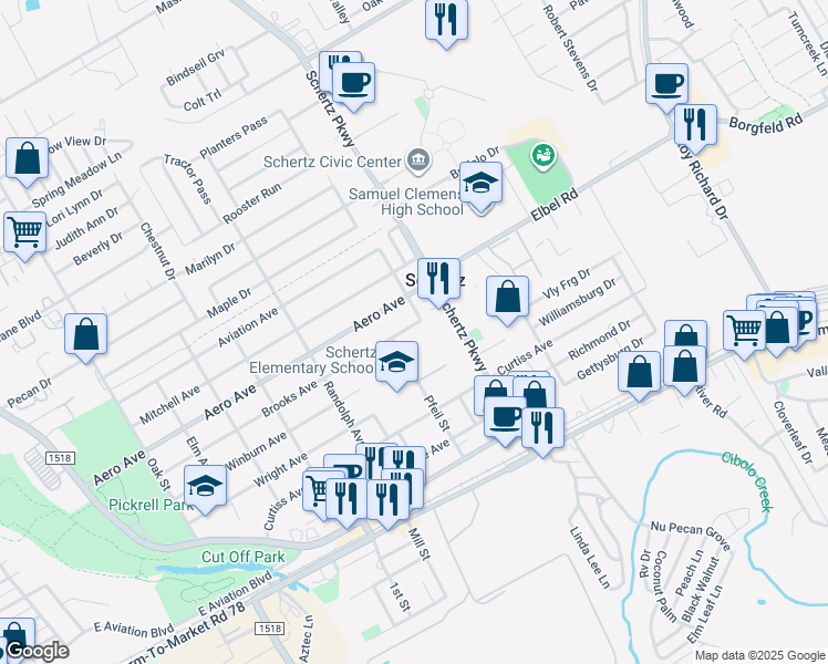 map of restaurants, bars, coffee shops, grocery stores, and more near 812 Brooks Avenue in Schertz