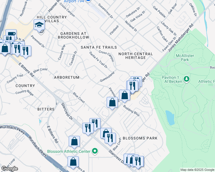 map of restaurants, bars, coffee shops, grocery stores, and more near 1710 Saint Cyr in San Antonio