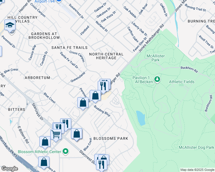 map of restaurants, bars, coffee shops, grocery stores, and more near 115 Cross Canyon in San Antonio
