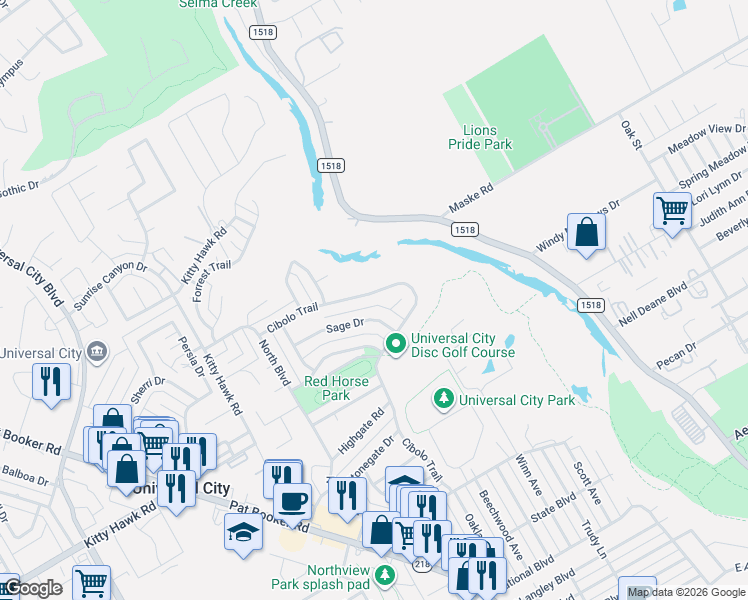 map of restaurants, bars, coffee shops, grocery stores, and more near 1259 Cibolo Trail in Universal City
