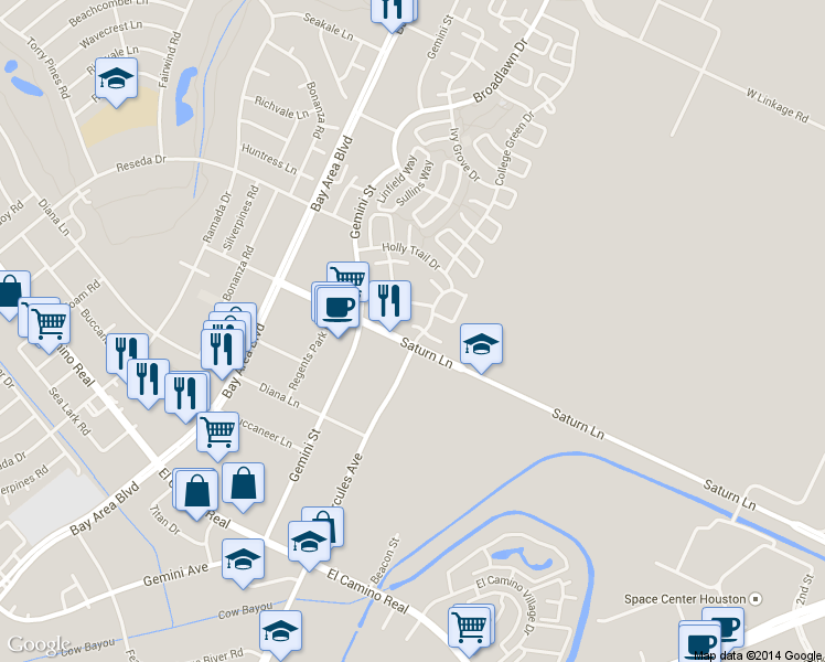 map of restaurants, bars, coffee shops, grocery stores, and more near 17205 Saturn Lane in Houston
