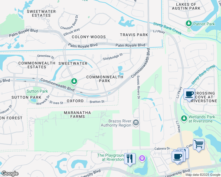map of restaurants, bars, coffee shops, grocery stores, and more near 3718 Bratton Court in Sugar Land