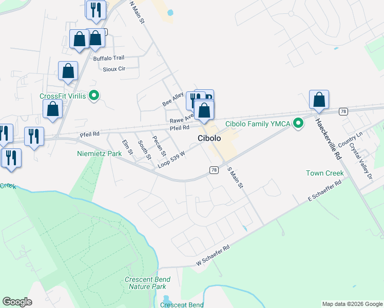 map of restaurants, bars, coffee shops, grocery stores, and more near 208 Loop 539 East in Cibolo