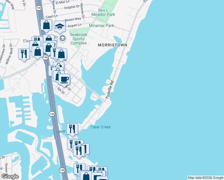 map of restaurants, bars, coffee shops, grocery stores, and more near 1402 Todville Road in Seabrook