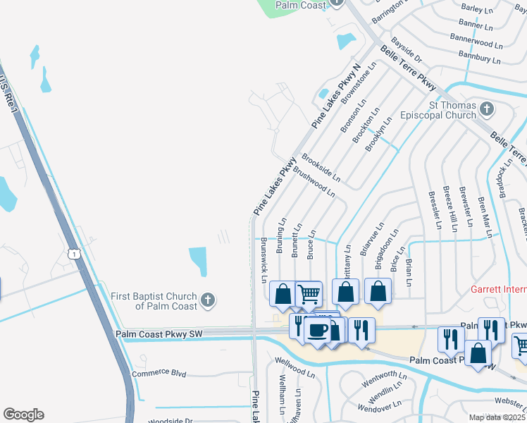 map of restaurants, bars, coffee shops, grocery stores, and more near 114 Brunswick Lane in Palm Coast