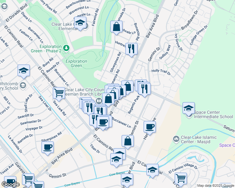 map of restaurants, bars, coffee shops, grocery stores, and more near 1234 Bay Area Boulevard in Houston