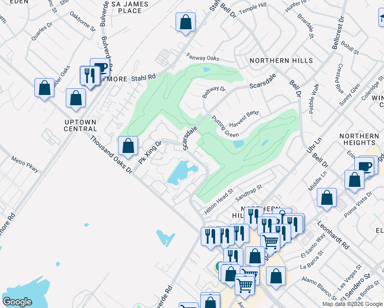 map of restaurants, bars, coffee shops, grocery stores, and more near 5 Stafford Court in San Antonio