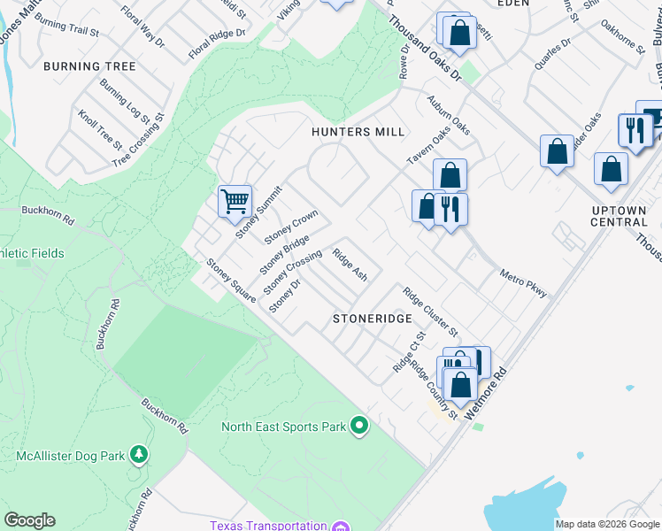 map of restaurants, bars, coffee shops, grocery stores, and more near 3412 Ridge Smoke in San Antonio