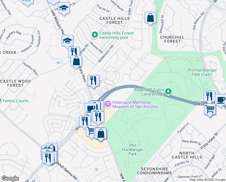 map of restaurants, bars, coffee shops, grocery stores, and more near Wurzbach Parkway in San Antonio