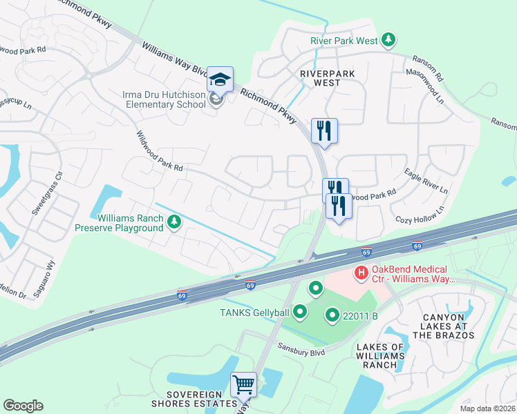 map of restaurants, bars, coffee shops, grocery stores, and more near 1834 Majestic Falls Lane in Richmond