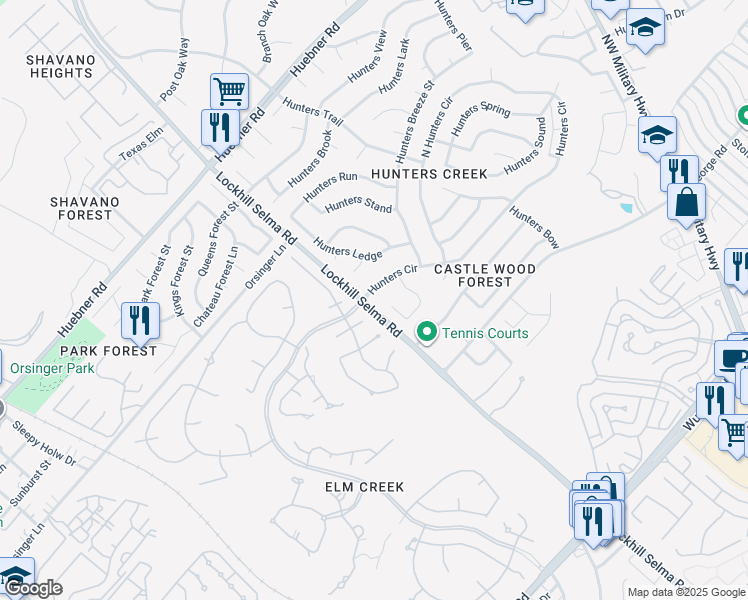 map of restaurants, bars, coffee shops, grocery stores, and more near 3403 Elm Knoll Street in San Antonio