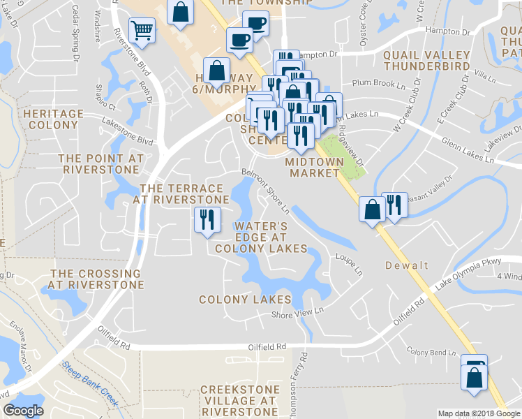 map of restaurants, bars, coffee shops, grocery stores, and more near 3803 Reefton Lane in Missouri City