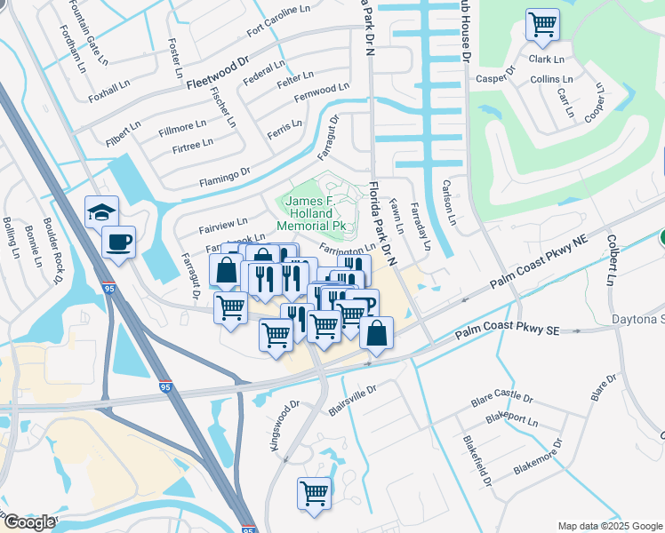 map of restaurants, bars, coffee shops, grocery stores, and more near 6 Summerwind Circle in Palm Coast