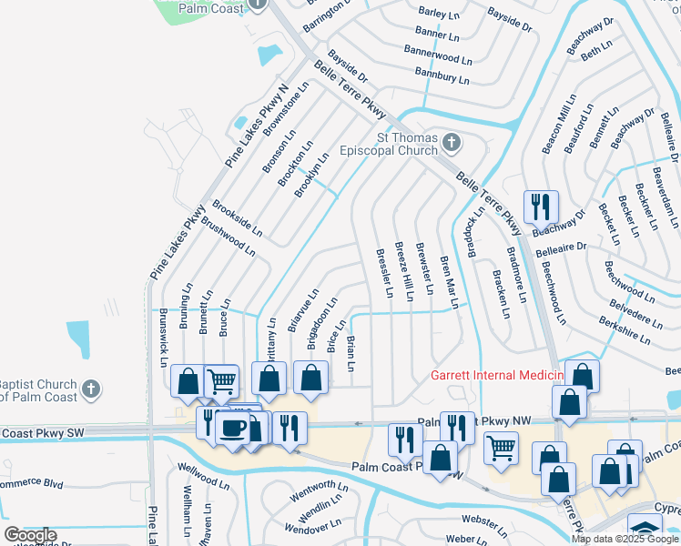 map of restaurants, bars, coffee shops, grocery stores, and more near 82 Briarvue Lane in Palm Coast